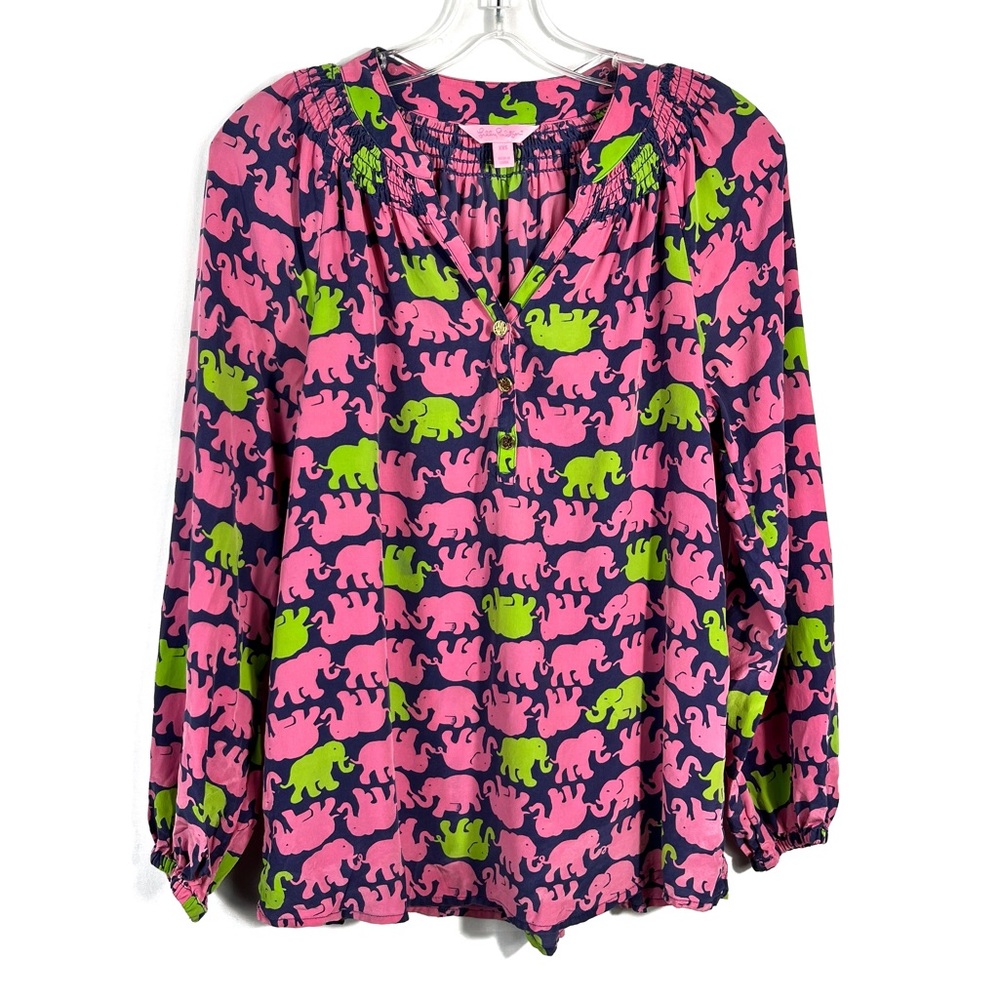 Lilly Pulitzer Elsa 100% Silk Tusk In Sun Pink Elephant Button Front Blouse XXS